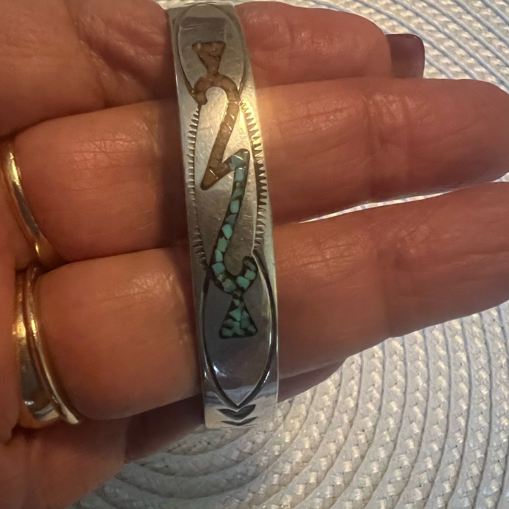 Vintage Navajo 1970’s Chip Inlay Turquoise n Coral Cuff Stamped Bracelet